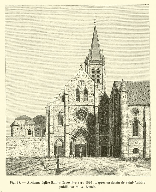 Bývalý kostel Sainte-Genevieve kolem roku 1516, podle kresby Saint-Aulaire publikované M A Lenoirem od French School