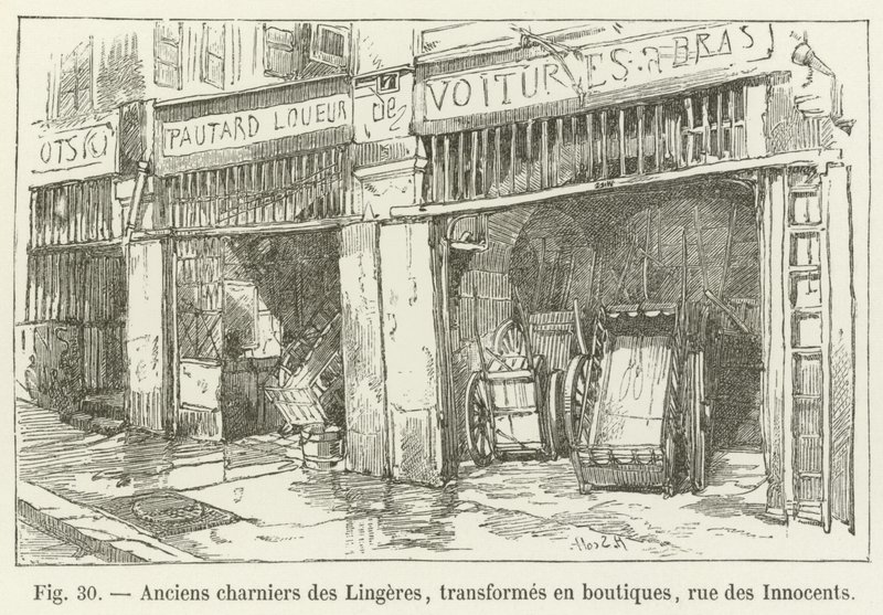 Bývalé hromadné hroby Lingeres, přeměněné na obchody, rue des Innocents od French School