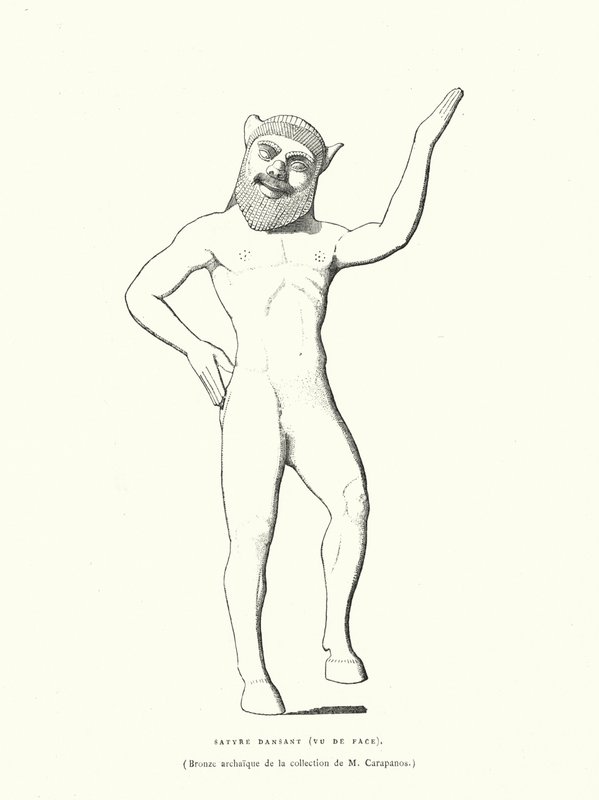 Starověká řecká bronzová postava tančícího satyra (rytina) od French School