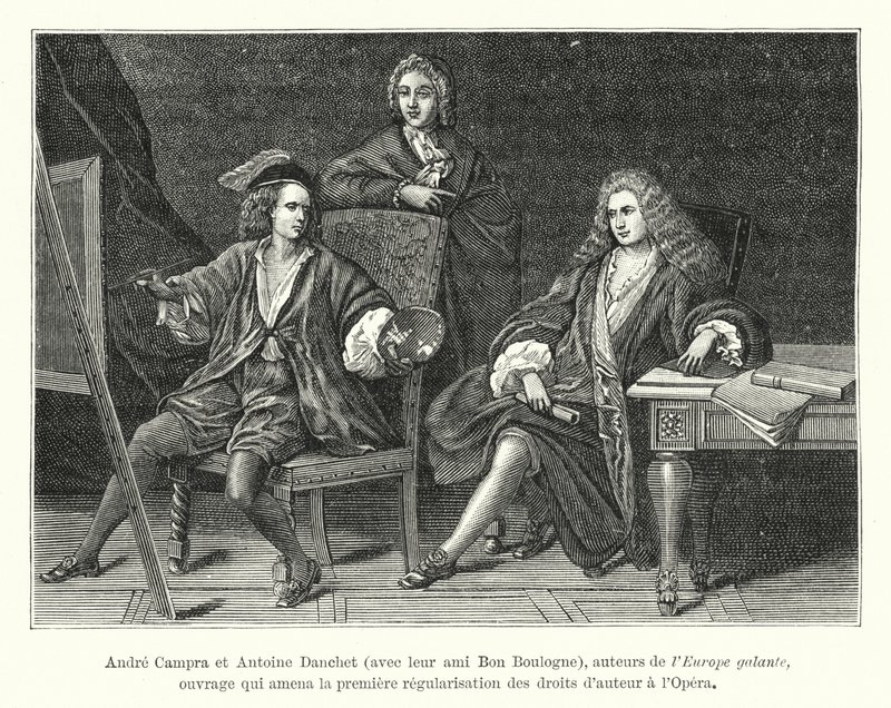 Andre Campra a Antoine Danchet se svým přítelem Bonem Boulognem, autory Europe galante, díla, které vedlo k první regulaci autorských práv v Opeře (rytina) od French School