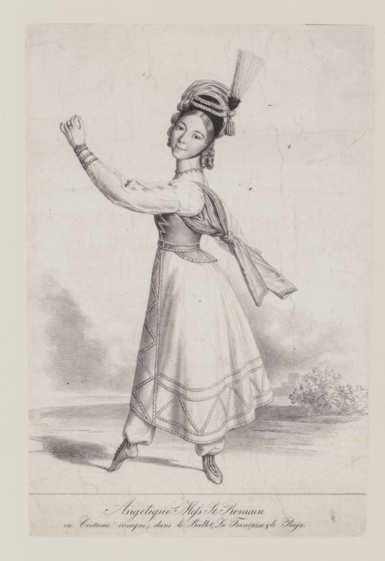 Angelique St Romain Mees v kozáckém kostýmu pro balet La Francaise et le Raja (litho) od French School