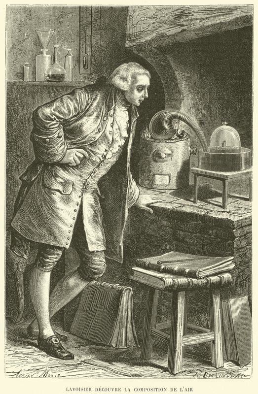 Antoine Lavoisier objevuje složení Air (rytina) od French School