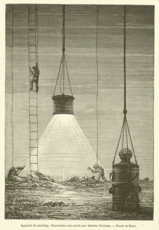 Záchranná zařízení, Podvodní observatoř s elektrickou lucernou (rytina) od French School