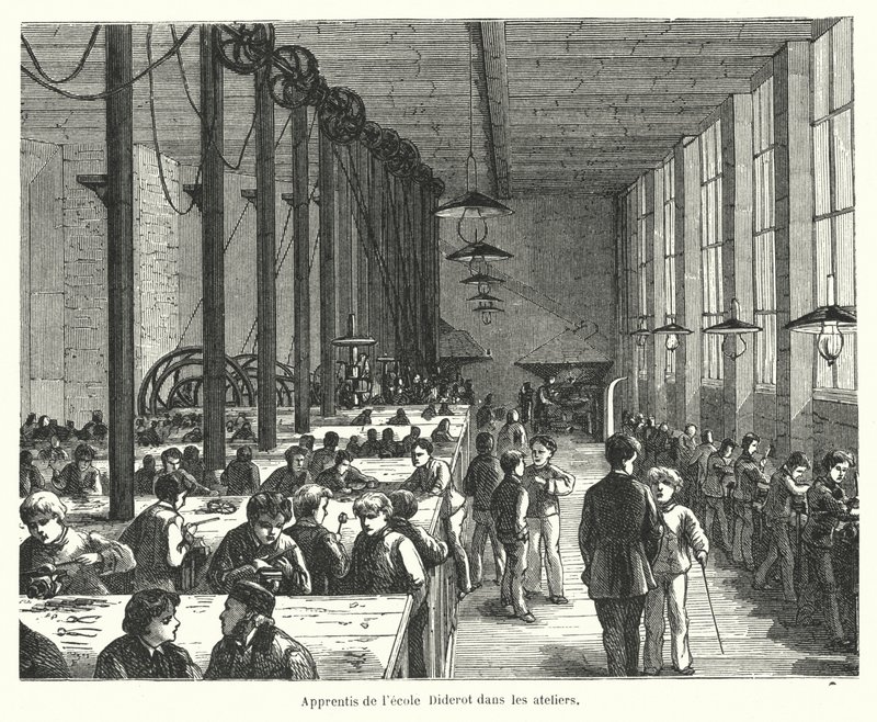 Učni v dílnách Ecole Diderot v Paříži, Francie (rytina) od French School