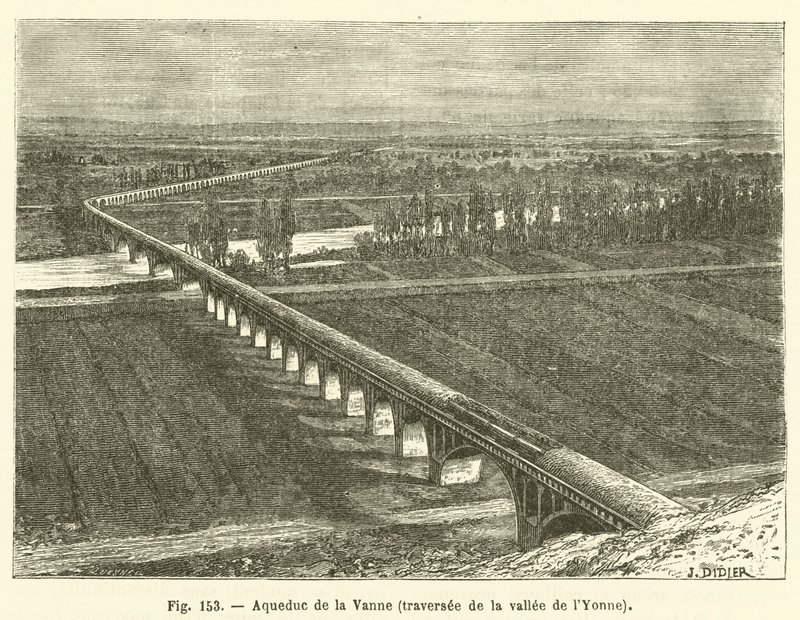 Vanne akvadukt, překračující údolí Yonne (rytina) od French School