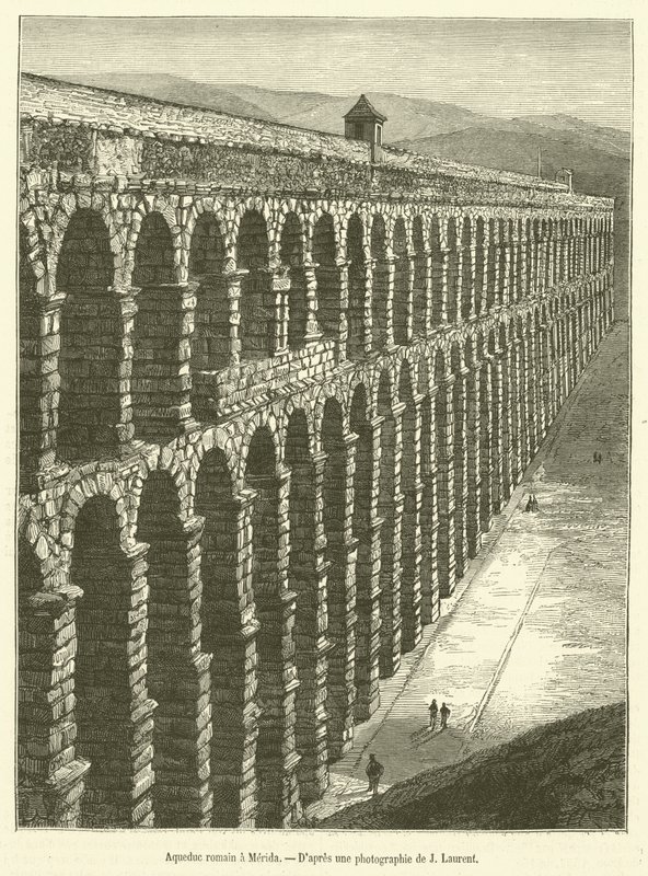 Římský akvadukt v Méridě (rytina) od French School