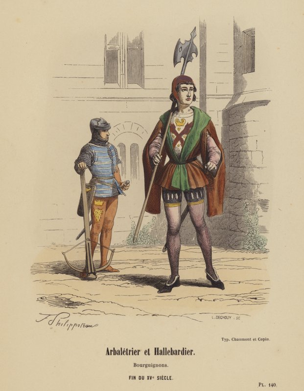 Kuše a halapartník, Burgundové, konec 15. století (barevná rytina) od French School