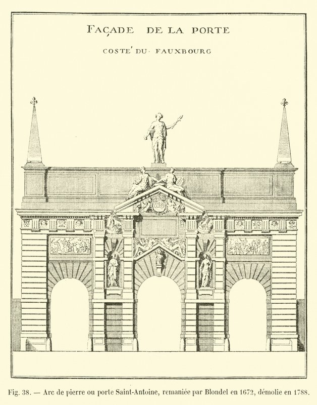 Kamenný oblouk nebo Porte Saint-Antoine, předělaný Blondelem v roce 1672, zbořen v roce 1788 od French School