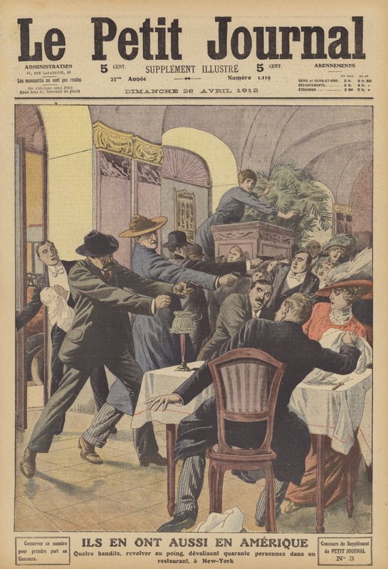 Ozbrojená loupež v restauraci v New Yorku (barevné litho) od French School