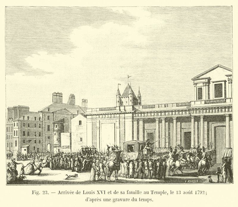 Příjezd Ludvíka XVI. a jeho rodiny do chrámu, 13. srpna 1792; z rytiny času od French School