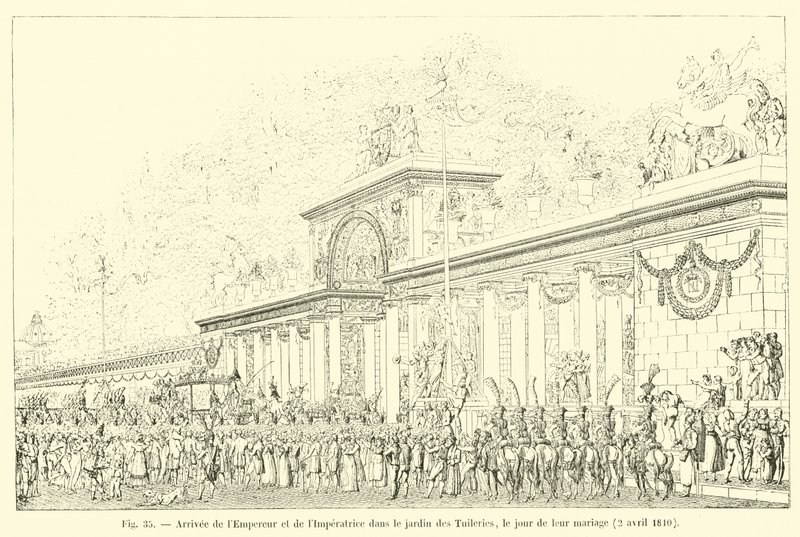 Příjezd císaře a císařovny do zahrady Tuileries v den jejich svatby, 2. dubna 1810 od French School