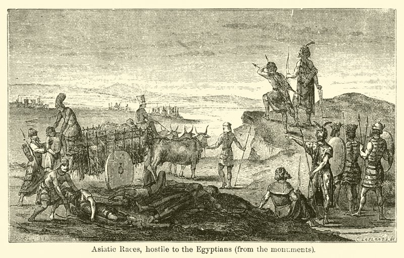 Asijské rasy, nepřátelské Egypťanům, z památek (rytina) od French School