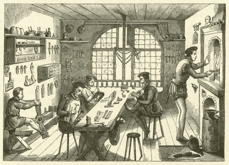 Dílna Etienna de Laulne, známého jako Stephanus, zlatník šestnáctého století (rytina) od French School