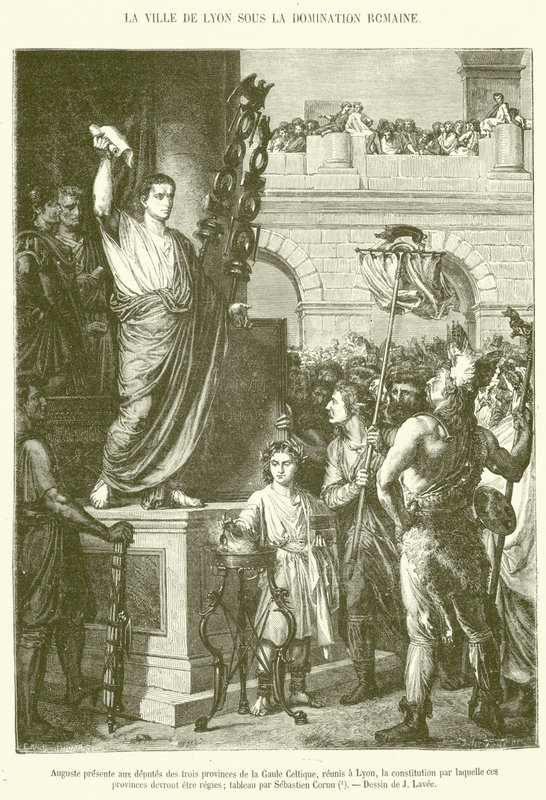 Augustus předkládá zástupcům tří provincií keltské Galie, kteří se sešli v Lyonu, ústavu, podle které by se tyto provincie měly řídit (rytina) od French School