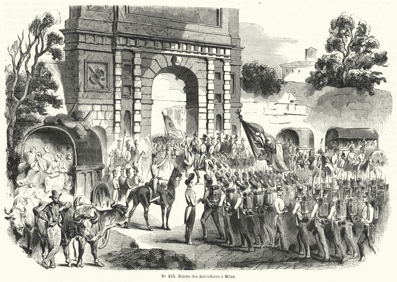 Rakouská vojska vstupující do Milána, Itálie, 6. srpna 1848 (rytina) od French School