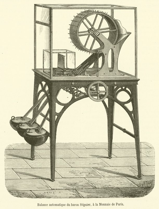 Automatická váha barona Seguiera, v Monnaie de Paris (rytina) od French School