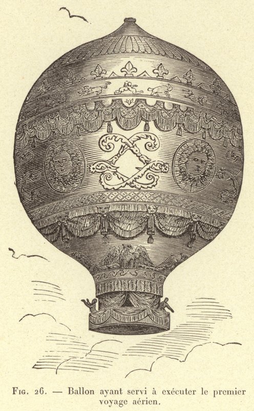 Balón použitý k první letecké cestě (rytina) od French School