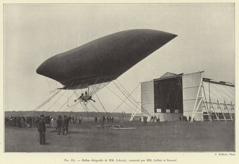 Říditelný balón MM Lebaudyho, postavený MM Julliot a Surcouf (rytina) od French School
