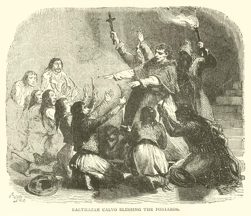 Balthazar calvo žehná poniardům (rytina) od French School