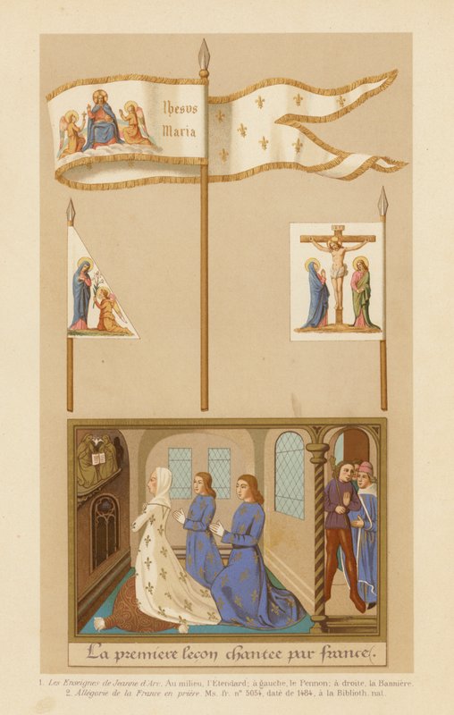 Prapory Johanky z Arku a alegorie Francie při modlitbě (chromolitho) od French School