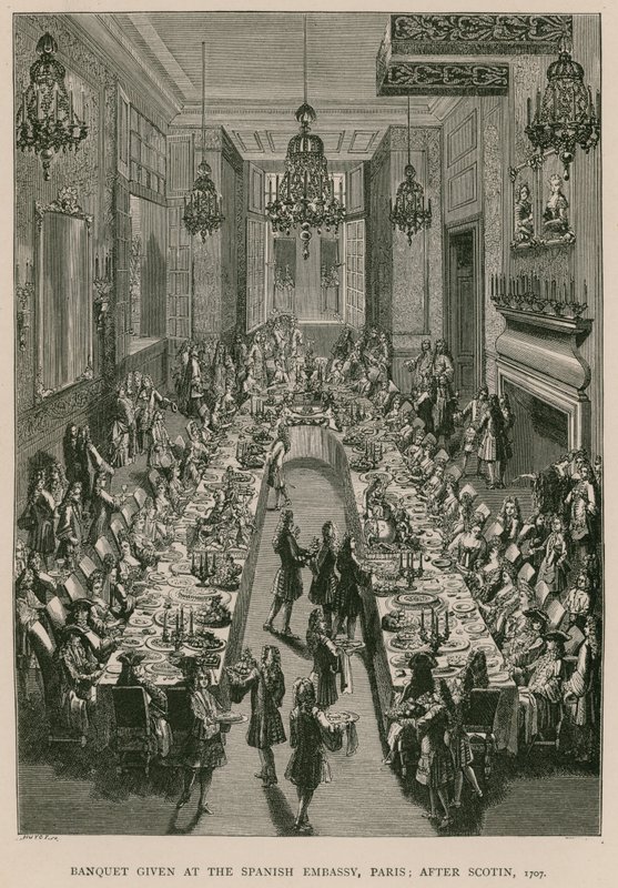 Banket na španělském velvyslanectví v Paříži; po Scotinu, 1707 od French School