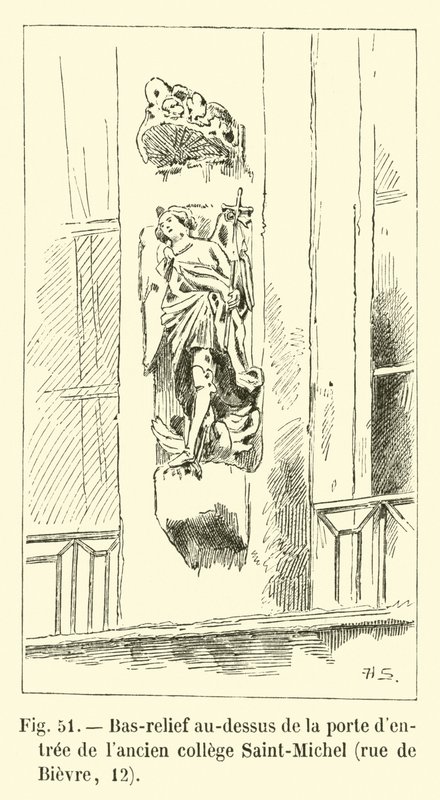 Basreliéf nad vstupními dveřmi bývalé koleje Saint-Michel, rue de Bievre, 12 od French School