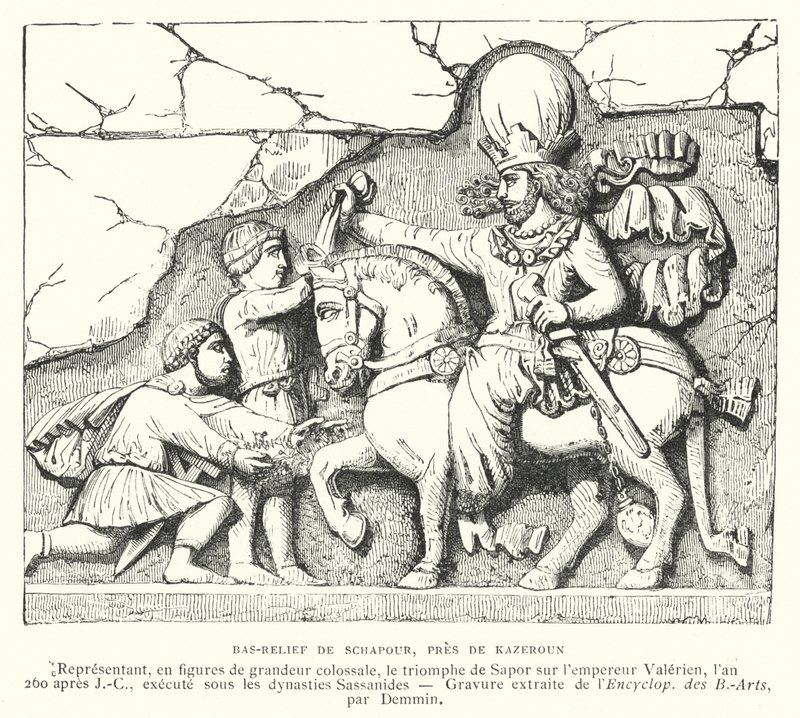 Basreliéf poblíž Kazerunu, Írán, zobrazující vítězství sásánovského krále Šapura I. nad římským císařem Valerianem v bitvě u Edessy, 260 (rytina) od French School