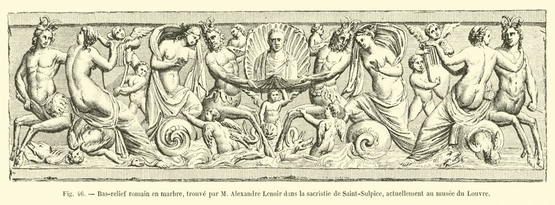 Římský basreliéf v mramoru, nalezený M Alexandrem Lenoirem v sakristii Saint-Sulpice, nyní v muzeu Louvre od French School