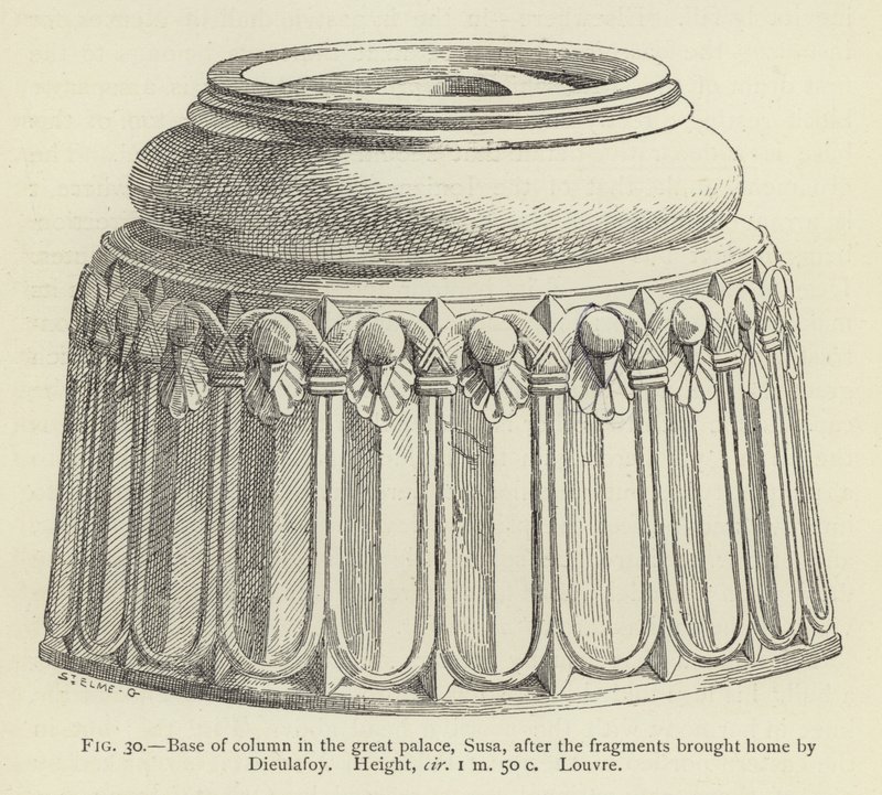 Základna sloupu ve velkém paláci, Susa, po úlomcích, které přinesl Dieulafoy, výška, cir 1 m 50 c, Louvre od French School