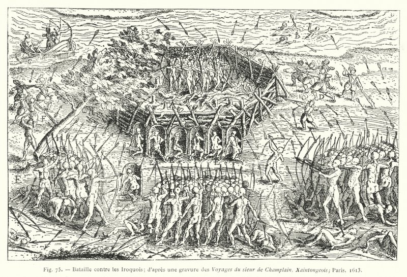 Bitva proti Irokézům; po rytině z Cesty Sieur de Champlain, Xaintongeois, Paříž od French School