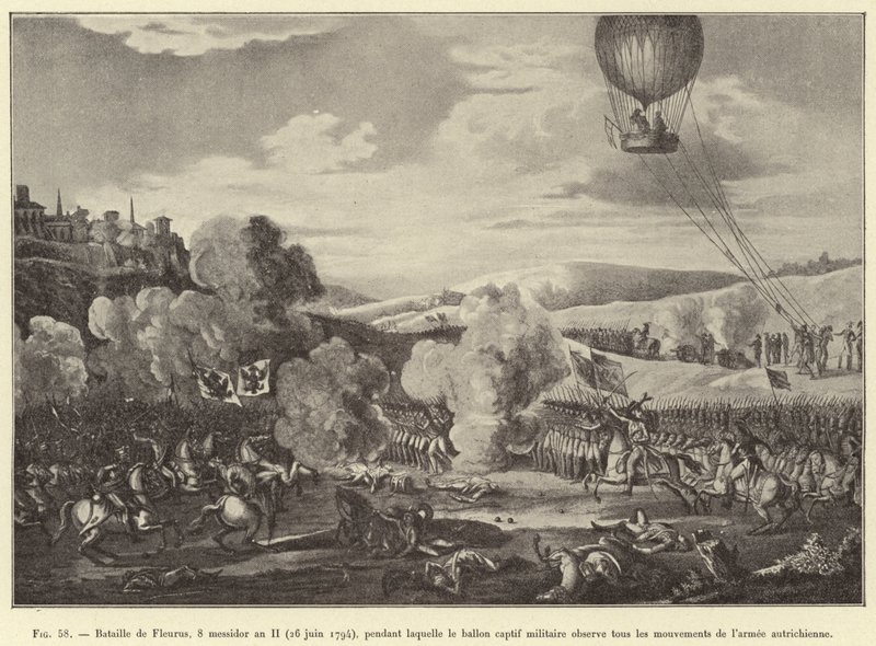 Bitva u Fleurus, 8. Messidor Rok II (26. června 1794), během níž zajatý vojenský balón sleduje všechny pohyby rakouské armády (rytina) od French School