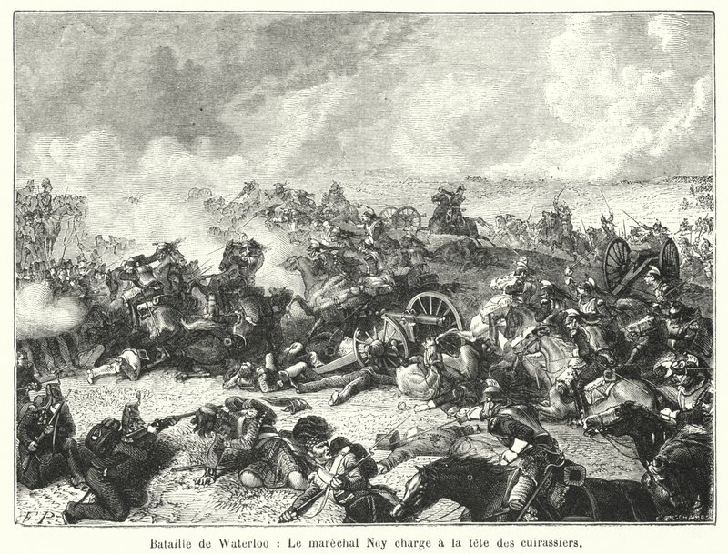 Bitva u Waterloo, maršál Ney útočí v čele kyrysníků (rytina) od French School