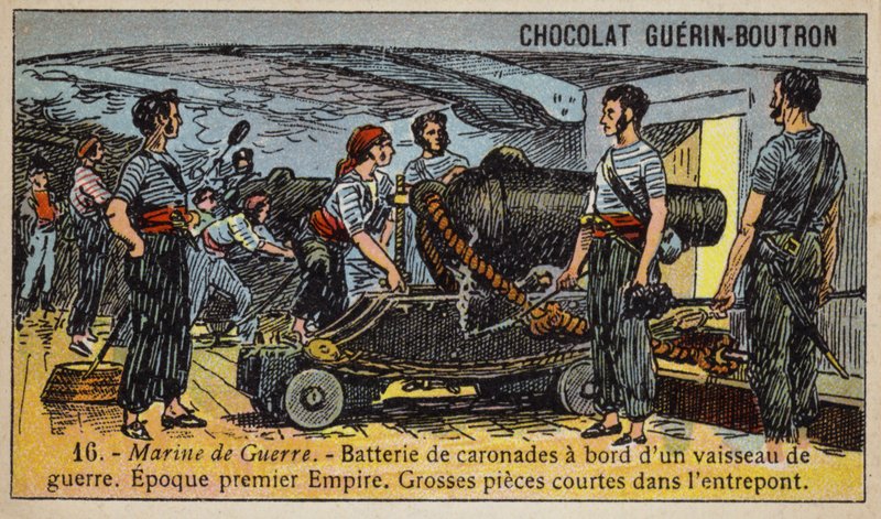Baterie karonád na palubě francouzské válečné lodi První Říše, počátek 19. století (chromolitho) od French School