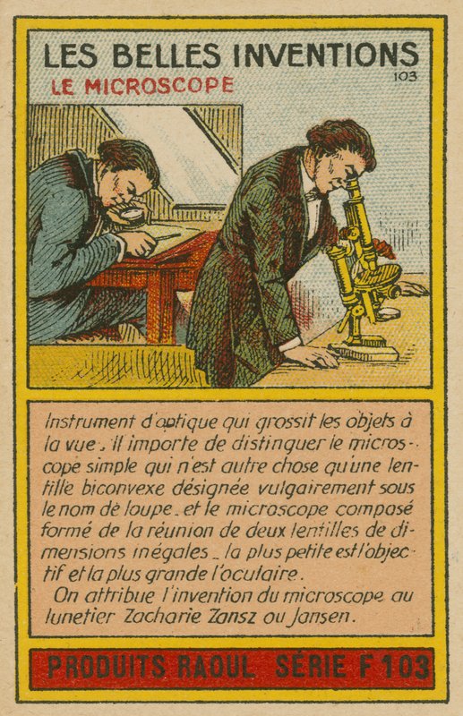 Krásná karta vynálezů, mikroskop od French School