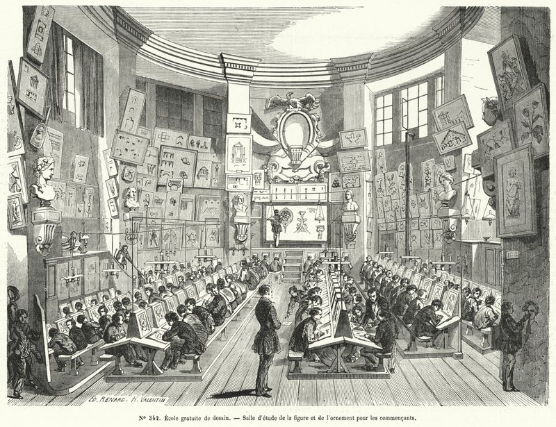 Třída pro začátečníky ve volné škole kreslení, Francie (rytina) od French School