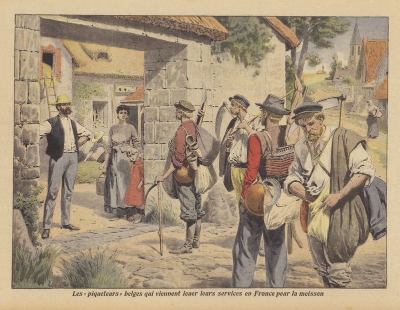 Belgičtí zemědělskí dělníci hledající práci ve Francii během sklizně (color litho) od French School