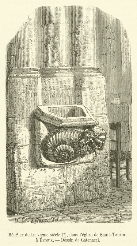 Benitier ze třináctého století?, v kostele Saint-Taurin, v Evreux (rytina) od French School