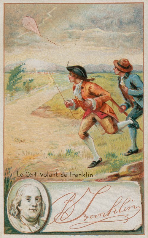 Benjamin Franklin pouští draka, který je zasažen bleskem od French School