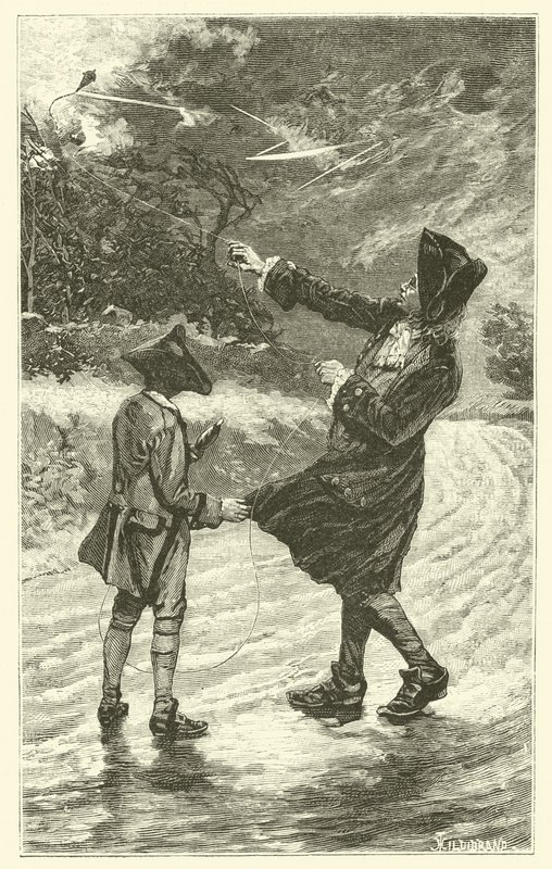 Benjamin Franklin létající se svým drakem (rytina) od French School