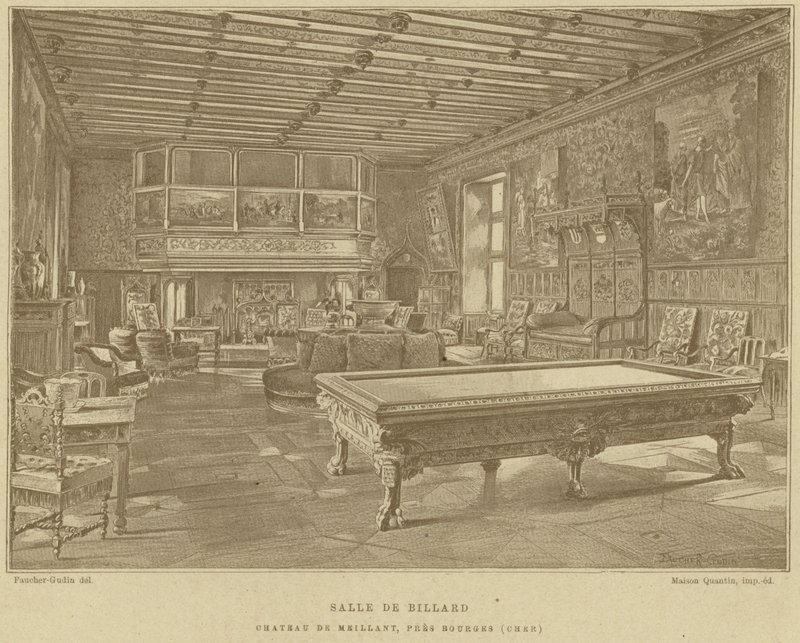 Kulečníková místnost, Chateau de Meillant, poblíž Bourges, Francie od French School