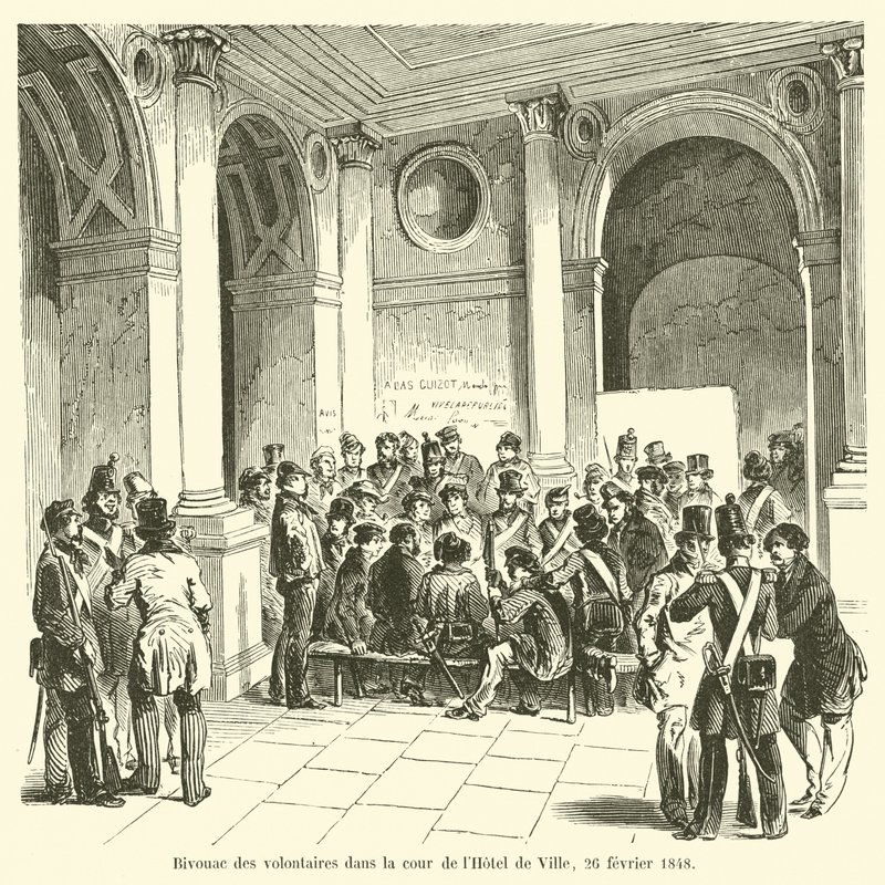 Bivak dobrovolníků na nádvoří Hôtel de Ville, 26. února 1848 od French School