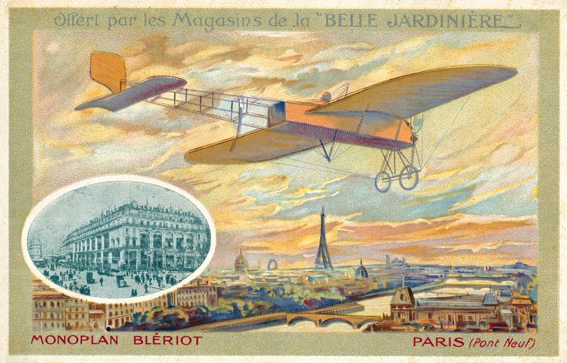 Jednoplošník Bleriot a pohled na Paříž ukazující Pont Neuf (chromolitho) od French School
