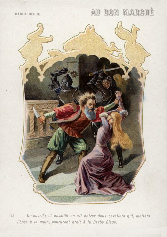 Modrovousova žena je zachráněna před smrtí rukou svého manžela příchodem svých bratrů (chromolitho) od French School