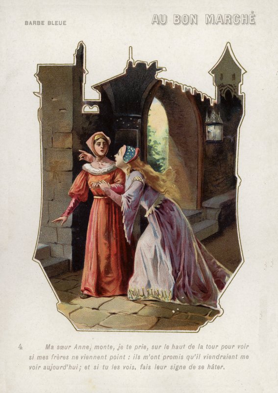 Modrovousova žena říká své sestře Anne, aby vylezla na věž hradu a dala pozor na své bratry (chromolitho) od French School