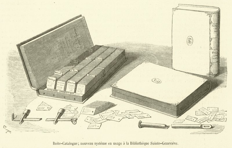 Katalogová krabice, nový systém používaný v Bibliotheque Sainte-Genevieve (rytina) od French School