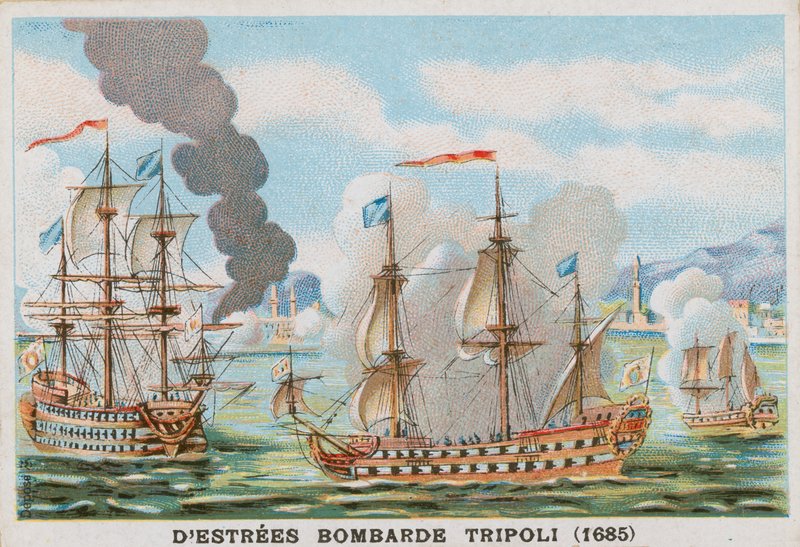 Bombardování Tripolisu Jeanem II dEstrees, admirál Francie, 1685 od French School