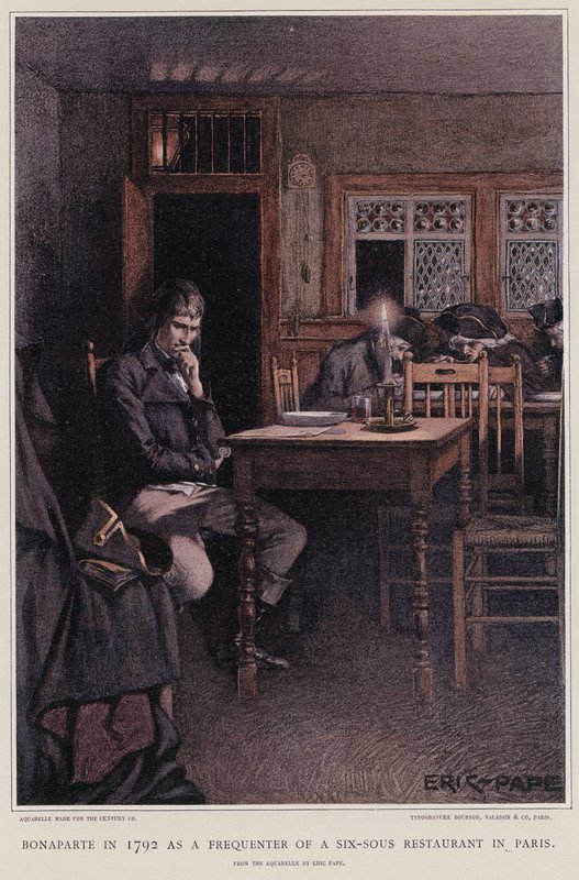 Bonaparte v roce 1792 jako návštěvník pařížské restaurace se šesti sousy od French School