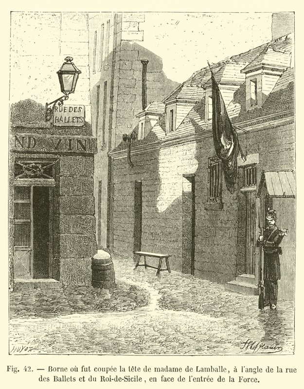 Bollard, kde byla uříznuta hlava madame de Lamballe, na rohu rue des Ballets a rue du Roi-de-Sicile, naproti vchodu do La Force od French School