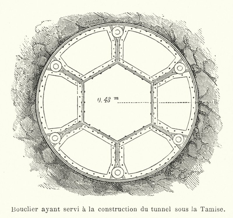 Štít použitý při stavbě tunelu pod Temží (rytina) od French School