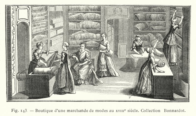 Obchod obchodníka s módou v 18. století, kolekce Bonnardot (rytina) od French School